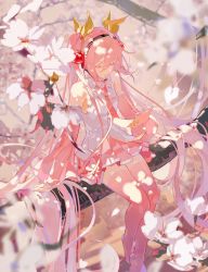 Rule 34 | 1girl, alternate color, bare shoulders, branch, cherry blossoms, cherry hair ornament, closed eyes, collared shirt, commentary request, detached sleeves, flower, food-themed hair ornament, hair between eyes, hair ornament, hatsune miku, highres, in tree, lirseven, long hair, necktie, petals, pink hair, pink necktie, pink skirt, pink sleeves, pink thighhighs, pleated skirt, sakura miku, shirt, sitting, sitting in tree, skirt, sleeveless, sleeveless shirt, solo, spring (season), thighhighs, tree, twintails, very long hair, vocaloid, white shirt
