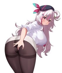 Rule 34 | ass, black hat, black pantyhose, blush, bra visible through clothes, braid, breasts, cameltoe, dishui tangni, food, from behind, fruit, hair between eyes, hair ornament, hairclip, hat, large breasts, light blush, looking at viewer, melon, mingyin meion (vtuber), mole, mole under eye, multicolored hair, necktie, one side up, open mouth, original, pantyhose, pink eyes, pink hair, pink necktie, shirt, single hair ring, sleeves rolled up, squishing, streaked hair, thighs, two-tone hair, virtual youtuber, white hair, white shirt