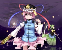 Rule 34 | 2girls, arm ribbon, breasts, cloud, color switch, cosplay, fingernails, green skirt, hair bobbles, hair ornament, hat, hat ribbon, hiyashi mikan, komeiji koishi, komeiji satori, light particles, long hair, long skirt, long sleeves, looking at viewer, looking up, moonlight, mountain, multiple girls, night, night sky, onozuka komachi, onozuka komachi (cosplay), open mouth, pink eyes, pink skirt, reflection, ribbon, rod of remorse, scythe, shiki eiki, shiki eiki (cosplay), shirt, short hair, signature, silhouette, skirt, sky, small breasts, standing, standing on liquid, touhou, two side up, vest, water, yellow shirt