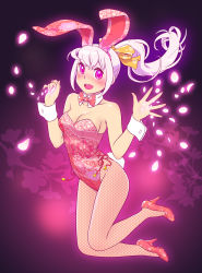 Rule 34 | 1girl, animal ears, bow, bowtie, cherry blossoms, detached collar, fake animal ears, fishnet pantyhose, fishnets, floral print, fukusuke hachi-gou, glowing, highres, jumping, leotard, long hair, original, pantyhose, pink eyes, playboy bunny, ponytail, rabbit ears, rabbit tail, solo, tail, white hair, wrist cuffs