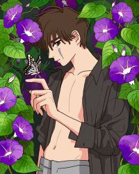 Rule 34 | 1boy, arm at side, black shirt, brown eyes, brown hair, bug, butterfly, butterfly on hand, closed mouth, collarbone, collared shirt, day, facial mark, flower, groin, hand up, highres, insect, kaonashi, looking at viewer, male focus, morning glory, nature, navel, open clothes, open shirt, pectorals, personification, profile, purple flower, rikaco1988, sen to chihiro no kamikakushi, shirt, upper body