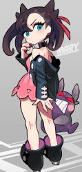 Rule 34 | 1girl, asymmetrical bangs, back, bare legs, black choker, black footwear, black hair, black jacket, blue eyes, blush, boots, breasts, character name, choker, creatures (company), dress, ear piercing, eyelashes, from behind, full body, game freak, gashi-gashi, gen 8 pokemon, grey background, hair ribbon, highres, holding, holding poke ball, jacket, kneepits, long sleeves, looking at viewer, looking back, marnie (pokemon), medium breasts, medium hair, morpeko, morpeko (hangry), nintendo, off shoulder, piercing, pink dress, poke ball, poke ball (basic), pokemon, pokemon (creature), pokemon swsh, ribbon, short dress, sideboob, simple background, sleeveless, sleeveless dress, standing, thighs, twintails