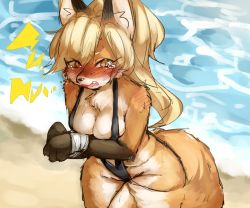 Rule 34 | bdsm, beach, blonde hair, blush, bondage, bound, bound wrists, breasts, brown eyes, cleavage, fang, fox, furry, kinokoningen, large breasts, open mouth, ponytail, slingshot swimsuit, swimsuit, tears, water