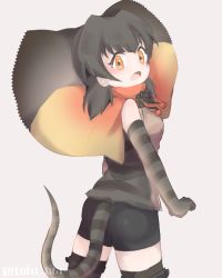 Rule 34 | 10s, 1girl, artist name, back, blush, brown hair, frilled lizard (kemono friends), gloves, grey background, kemono friends, lizard tail, low twintails, open mouth, orange eyes, simple background, solo, tail, tatsuno newo, twintails, upper body
