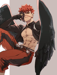Rule 34 | 1boy, abs, bird wings, cape, emiya shirou, fate/grand order, fate (series), half mask, head rest, highres, igote, japanese clothes, jop pupu0, looking at viewer, male focus, mask, red hair, senji muramasa (fate), short hair, simple background, smile, solo, tengu mask, wings, yellow eyes