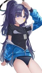 1girl absurdres arm_up black_buruma black_shirt blue_archive blue_jacket breasts buruma gym_shirt gym_uniform halo highres id_card jacket jacket_partially_removed lanyard long_hair looking_at_viewer medium_breasts official_alternate_costume partially_unzipped ponytail purple_eyes purple_hair red_pupils shirt short_sleeves simple_background smile12190 solo star_(symbol) star_sticker sticker sticker_on_face thighs track_jacket white_background yuuka_(blue_archive) yuuka_(track)_(blue_archive)