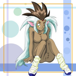Rule 34 | 1girl, blue hair, brown hair, furry, furry female, long hair, multicolored hair, one eye closed, pointy ears, ryou-ouki, shoes, solo, tenchi muyou!, two-tone hair, uwabaki, wink, yellow eyes