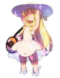 Rule 34 | 1girl, anpolly, armpits, arms up, bag, bare arms, blonde hair, braid, creatures (company), dress, duffel bag, eyebrows, game freak, green eyes, handbag, hat, lillie (pokemon), long hair, looking at viewer, nintendo, pokemon, pokemon sm, sleeveless, sleeveless dress, solo, sun hat, twin braids, white dress, white hat