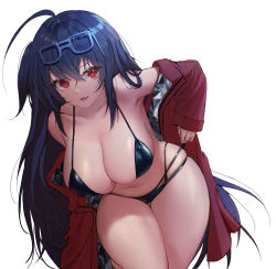 Rule 34 | 1girl, absurdres, azur lane, bikini, black bikini, blue hair, breasts, cleavage, commentary, cowboy shot, crossed bangs, eyewear on head, gg amang, highleg, highleg bikini, highres, jacket, large breasts, long hair, multi-strapped bikini bottom, multiple straps, off shoulder, official alternate costume, open clothes, race queen, red eyes, red jacket, solo, sunglasses, swimsuit, taihou (azur lane), taihou (enraptured companion) (azur lane), thighs, white background
