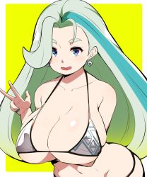 Rule 34 | 1girl, :d, alternate costume, arm under breasts, bad id, bad pixiv id, bent over, bikini, blue eyes, blue nails, border, breasts, cleavage, creatures (company), earrings, game freak, jewelry, large breasts, light green hair, long hair, looking at viewer, mature female, melony (pokemon), midriff, mituyota 76, multicolored hair, nail polish, navel, nintendo, open mouth, pearl earrings, plump, pokemon, pokemon swsh, simple background, smile, solo, streaked hair, string bikini, swimsuit, thick eyebrows, v, white bikini, white border, yellow background