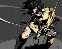Rule 34 | 1girl, amagami, armband, black hair, blazer, bleeding, blood, boots, concealed weapon, cuts, drawing sword, fighting stance, flashing, grey background, hair blowing, holding, holding sword, holding weapon, iaidou, injury, jacket, kneeling, long hair, looking to the side, messy hair, mop, motion lines, on one knee, open collar, ready to draw, red eyes, sasaoka gungu, sheath, skirt, solo, style request, sword, tanamachi kaoru, unsheathing, weapon
