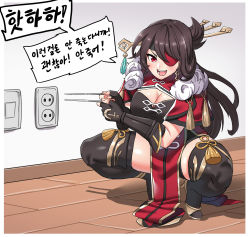 Rule 34 | absurdres, beidou (genshin impact), black thighhighs, boots, breasts, brown hair, chopsticks, cleavage, electrical outlet, eyepatch, fingerless gloves, floor, genshin impact, gloves, highres, hitch (perotoss), indoors, kneeling, korean text, looking at viewer, one eye covered, open mouth, pelvic curtain, red eyes, solo, thighhighs, translation request