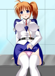 Rule 34 | 00s, 1girl, arm support, belt, blue eyes, blush, breasts, clothes lift, embarrassed, lace, lace-trimmed panties, lace trim, large breasts, long hair, lyrical nanoha, mahou shoujo lyrical nanoha, mahou shoujo lyrical nanoha strikers, miniskirt, open mouth, orange hair, panties, pencil skirt, pink panties, purple eyes, sakura yuu, side ponytail, sitting, skirt, skirt lift, solo, takamachi nanoha, thighhighs, turtleneck, underwear, uniform, very long hair, white thighhighs