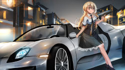 Rule 34 | 1girl, adapted costume, alternate costume, backlighting, black footwear, black skirt, blonde hair, bow, braid, breasts, building, car, city, commentary, finger gun, grey background, hair bow, highres, kietai na, kirisame marisa, lamppost, legs, long hair, looking down, looking to the side, medium breasts, motor vehicle, necktie, night, no headwear, no legwear, pointing, porsche, porsche 918, puffy short sleeves, puffy sleeves, revision, see-through silhouette, shirt, shoes, short sleeves, single braid, skirt, smile, solo, thighs, touhou, vehicle, vehicle focus, vest, white shirt