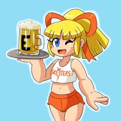 Rule 34 | 1girl, absurdres, alcohol, android, belly, blonde hair, blue eyes, blunt bangs, bow, eyebrows, green bow, green ribbon, hair bow, highres, hooters, long hair, mega man (classic), mega man (series), midriff, no humans, one eye closed, open mouth, ponytail, ribbon, robot, roll (mega man), shorts, simple background, solo, wink