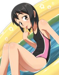 Rule 34 | 1girl, bad id, bad pixiv id, black hair, brown eyes, competition swimsuit, dutch angle, one-piece swimsuit, original, solo, suikasan, swimsuit, tongue, tongue out, wading pool