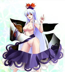 Rule 34 | 1girl, blue hair, book, breasts, female focus, female pubic hair, hat, k2isu, kamishirasawa keine, long hair, nipples, open book, open mouth, pointing, pubic hair, red eyes, revealing layer, solo, standing, touhou, uncensored, very long hair