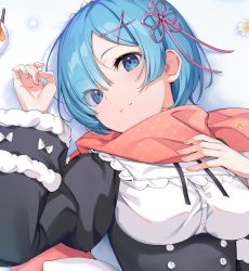 Rule 34 | 1girl, black dress, blue eyes, blue hair, blunt bangs, blush, breasts, closed mouth, commentary request, dress, eyes visible through hair, flower, hair ornament, hair ribbon, hand on own chest, hand up, highres, icomochi, juliet sleeves, light smile, long sleeves, looking at viewer, lying, medium breasts, on back, pink scarf, puffy sleeves, re:zero kara hajimeru isekai seikatsu, rem (re:zero), ribbon, scarf, short hair, solo, upper body, x hair ornament