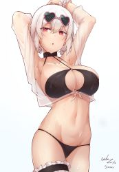 Rule 34 | 1girl, :o, absurdres, armpits, arms up, asla yu, azur lane, bikini, black bikini, blush, breasts, bridal garter, character name, cleavage, cleavage cutout, clothing cutout, collar, commentary request, cowboy shot, crop top, dated, eyewear on head, front-tie top, hair between eyes, halterneck, heart, heart-shaped eyewear, highres, large breasts, long sleeves, looking at viewer, navel, open clothes, parted lips, pink-framed eyewear, red eyes, scrunchie, see-through, short hair, signature, simple background, sirius (azur lane), sirius (scorching-hot seirios) (azur lane), skindentation, solo, stomach, sunglasses, sweat, swimsuit, white background, white hair, wrist scrunchie