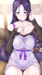 Rule 34 | 1girl, 3yuki, absurdres, bare shoulders, blush, breasts, collarbone, come hither, fate/grand order, fate (series), highres, large breasts, long hair, looking at viewer, minamoto no raikou (fate), parted bangs, purple eyes, purple hair, ribbed sweater, sitting, smile, solo, sweater, very long hair