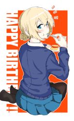 Rule 34 | 10s, 1girl, :t, black pantyhose, blonde hair, blue eyes, blue sweater, blush, border, darjeeling (girls und panzer), eating, english text, food, food on face, from behind, girls und panzer, happy birthday, looking at viewer, looking back, nexas, outside border, pantyhose, sitting, solo, sweater, white border, yokozuwari