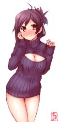 Rule 34 | 1girl, ahoge, alternate costume, alternate hairstyle, artist logo, black sweater, blush, breasts, cleavage cutout, clothing cutout, commentary request, dated, folded ponytail, hagikaze (kancolle), hand on own face, highres, kanon (kurogane knights), kantai collection, long hair, looking at viewer, medium breasts, meme attire, nose blush, open-chest sweater, purple hair, ribbed sweater, simple background, smile, solo, sweater, thigh gap, white background, yellow eyes