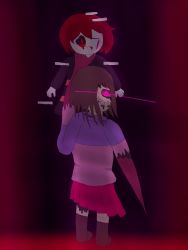 Rule 34 | 2girls, absurdres, bete noire, betty, blood, blood from mouth, brown footwear, brown hair, colored sclera, glitchtale, glowing, glowing eye, highres, long sleeves, multiple girls, pink eyes, pink sclera, pink skirt, self-upload, shirt, short hair, skirt, striped clothes, striped shirt, striped sweater, sweater, tagme, torn clothes, turtleneck, turtleneck sweater, wavy mouth