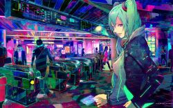 Rule 34 | 5girls, 6+boys, androgynous, blue hair, breasts, clothes, full body, hatsune miku, highres, indoors, looking at viewer, multiple boys, multiple girls, vocaloid, wallpaper
