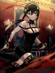 Rule 34 | 1girl, absurdres, anya (spy x family), black dress, black thighhighs, blood, blood on arm, blood on breasts, blood on face, blood on hands, blood on leg, bloody weapon, blurry, boots, breasts, candle, candlestand, cleavage, closed mouth, dagger, depth of field, dress, dual wielding, earrings, flower, glaring, gold earrings, gold hairband, hair between eyes, hair flower, hair ornament, hairband, high heel boots, high heels, highres, holding, holding dagger, holding knife, holding weapon, jewelry, knee up, knife, large breasts, looking at viewer, picture frame, reverse grip, rose, sakuma kou, serious, solo, spy x family, thigh boots, thighhighs, thighs, tight clothes, tight dress, v-shaped eyebrows, weapon, yor briar, zettai ryouiki