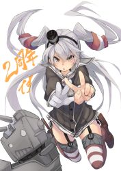 Rule 34 | 10s, 1girl, amatsukaze (kancolle), brown eyes, double v, fu-ta, garter straps, gloves, hairband, kantai collection, long hair, looking at viewer, open mouth, rensouhou-kun, silver hair, simple background, single glove, solo, striped clothes, striped thighhighs, thighhighs, two side up, v, white background