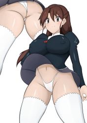 Rule 34 | 1girl, absurdres, agent aika, aika (series), ass, black delmo, breasts, brown eyes, brown hair, clothes lift, covered erect nipples, delmo, delmogeny uniform, dot nose, eyebrows, eyebrows hidden by hair, highleg, highleg panties, highres, impossible clothes, impossible shirt, jaga334, large breasts, long hair, naomi (agent aika), navel, panties, shirt, skirt, skirt lift, smile, solo, thighhighs, thighs, thong, underwear, white panties