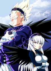 Rule 34 | 1boy, 1girl, annoyed, black hair, black wings, breasts, clenched teeth, cosplay, costume switch, crossover, dragon ball, dragonball z, dress, gothic lolita, hairband, highres, kamishima kanon, lolita fashion, red eyes, rozen maiden, silver hair, spiked hair, suigintou, suigintou (cosplay), super saiyan, sweatdrop, teeth, vegeta, vegeta (cosplay), wings