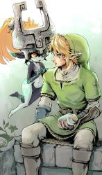 Rule 34 | 1boy, 1girl, blonde hair, boots, bottle, colored sclera, fingerless gloves, gloves, hat, leggings, link, midna, nintendo, open mouth, pointy ears, ponytail, red eyes, sitting, the legend of zelda, the legend of zelda: twilight princess, tsuyuga, tunic, yellow sclera