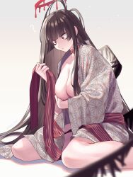 Rule 34 | 1girl, antenna hair, black hair, black wings, blue archive, breasts, cleavage, closed mouth, collarbone, halo, highres, japanese clothes, kimono, large breasts, long hair, red eyes, red halo, red sash, sash, simple background, solo, tanagawa makoto, tsurugi (blue archive), twitter username, white background, white kimono, wings