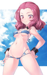 Rule 34 | 10s, 1girl, bikini, bikini pull, blush, breasts, clothes pull, cowboy shot, day, detached collar, girls und panzer, groin, hands on own hips, highres, kuzuryuu kennosuke, letterboxed, micro bikini, navel, parted bangs, partially visible vulva, pussy, pussy peek, red eyes, red hair, rosehip (girls und panzer), skindentation, small breasts, smile, solo, standing, swimsuit