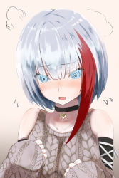 Rule 34 | 1girl, admiral graf spee (azur lane), admiral graf spee (peaceful daily life) (azur lane), aoi minato (aoi3710blueport), aran sweater, azur lane, bad id, bad pixiv id, blue eyes, blunt bangs, blush, breasts, cable knit, choker, detached sleeves, embarrassed, flying sweatdrops, hands up, heart, heart choker, highres, looking at viewer, multicolored hair, open mouth, red hair, short hair, sidelocks, silver hair, sleeves past wrists, solo, streaked hair, sweater, upper body