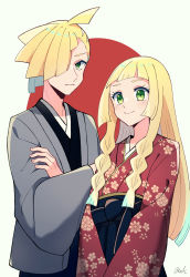 Rule 34 | 1boy, 1girl, ahoge, alternate costume, black sash, blonde hair, blush, braid, brother and sister, closed mouth, commentary, creatures (company), crossed arms, eyelashes, floral print, game freak, gladion (pokemon), green eyes, hair over one eye, highres, japanese clothes, kimono, lillie (pokemon), long hair, looking at viewer, nintendo, obi, pokemon, pokemon sm, red kimono, sash, siblings, signature, smile, symbol-only commentary, tere asahi, twin braids