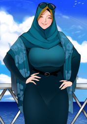 Rule 34 | 1girl, absurdres, bad id, bad twitter id, belt, black-framed eyewear, breasts, bridal gauntlets, brown eyes, commentary, curvy, day, dimple, dress, english commentary, eyewear on head, forehead, green dress, green scarf, highres, hijab, huge breasts, jewelry, jnsdh, lips, long dress, looking at viewer, mature female, muslim, ocean, original, ornate ring, ring, scarf, shawl, solo, standing, sunglasses, wedding ring