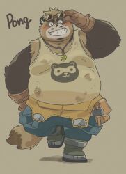Rule 34 | 1boy, adjusting eyewear, animal ears, arm up, bara, bare shoulders, belly, blush, crave saga, dirty, dirty clothes, eyewear on head, facial hair, fat, fat man, full body, furry, furry male, garou-zuki, goatee, goggles, goggles on head, highres, jewelry, leaf necklace, male focus, mature male, muscular, muscular male, mustache, necklace, pectorals, pong (crave saga), raccoon boy, raccoon ears, raccoon tail, short hair, smile, solo, standing, standing on one leg, tail, tanuki print, thick eyebrows