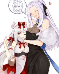 Rule 34 | 2girls, :d, ^ ^, animal ear fluff, animal ears, arm ribbon, azur lane, bare shoulders, black dress, black ribbon, blush, bow, breasts, cat ears, cleavage, closed eyes, collarbone, commentary request, cowboy shot, detached sleeves, dress, dress flower, drunk, feather boa, gloves, hair between eyes, hair bow, hair ribbon, halter dress, halterneck, hammann (azur lane), head hug, heart, highres, jewelry, large breasts, long hair, marshall k, medium breasts, multiple girls, neck ribbon, necklace, one eye closed, open mouth, parted bangs, ponytail, red bow, red eyes, ribbon, sidelocks, silver hair, simple background, sleeveless, sleeveless dress, smile, squeans, standing, tassel, thought bubble, twintails, very long hair, white background, white dress, white gloves, wide sleeves, yorktown (azur lane), yorktown (evening i can&#039;t remember) (azur lane), yukikaze (azur lane), yukikaze (winter&#039;s snowy wind) (azur lane), |d