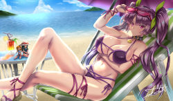 Rule 34 | 1girl, alternate hairstyle, beach, bikini, blunt bangs, blush, breast hold, breasts, character doll, choker, cleavage, cloud, cocktail, creatures (company), day, eyewear on head, game freak, gym leader, hat, highres, large breasts, leg ribbon, looking at viewer, lying, nintendo, ocean, pokemon, pokemon (anime), pokemon (classic anime), pokemon rgby, purple bikini, purple eyes, purple hair, ribbon, sabrina (pokemon), side-tie bikini bottom, signature, sky, summer, sunglasses, swimsuit, takecha, thigh ribbon, twintails