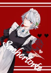 Rule 34 | 1girl, apron, bad id, bad twitter id, black dress, blue eyes, bow, braid, commentary request, cover, cowboy shot, dress, green bow, hair between eyes, hair bow, heart, highres, holding, holding tray, izayoi sakuya, juliet sleeves, lipstick, long sleeves, maid, maid apron, maid headdress, makeup, pink lips, puffy sleeves, red background, short hair, silver hair, simple background, solo, souta (karasu no ouchi), standing, swept bangs, touhou, tray, twin braids, waist apron, white apron, wing collar