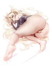 Rule 34 | 1girl, ass, bad id, bad twitter id, bare shoulders, barefoot, blonde hair, blue eyes, blue leotard, blush, bradamante (fate), bradamante (first ascension) (fate), braid, breasts, elbow gloves, fate/grand order, fate (series), feet, french braid, gloves, hayama kazusa, highres, hip focus, huge ass, legs, leotard, long hair, looking at viewer, lying, on side, parted lips, solo, thick thighs, thigh strap, thighs, twintails, very long hair, white background