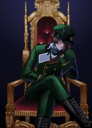 Rule 34 | 10s, 1boy, black footwear, black gloves, blush, boots, brown hair, buttons, cross-laced footwear, crossed legs, dendritic cell (hataraku saibou), double-breasted, gloves, green hat, green jacket, hat, hataraku saibou, highres, jacket, lace-up boots, looking at viewer, male focus, photo (object), riding crop, sitting, smile, solo, throne