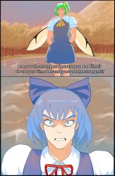 Rule 34 | 2girls, ascot, blue bow, blue dress, blue eyes, blue hair, bow, cirno, commentary, commission, daiyousei, dress, english commentary, english text, forest, green hair, hair bow, highres, jujutsu kaisen, lake, multiple girls, nature, outdoors, parody, profitshame, short hair, side ponytail, touhou, wings, yellow ascot