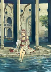 Rule 34 | 1girl, architecture, arm support, braid, fantasy, grey hair, no shoes, shoes, sitting, smile, soaking feet, solo, twin braids, water, wings