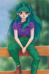 Rule 34 | 1980s (style), 1girl, blue eyes, brown footwear, casual, clothes writing, cone horns, day, eyeshadow, fence, green hair, horns, long hair, looking at viewer, lum, makeup, official art, oldschool, on fence, oni, open mouth, outdoors, own hands together, pointy ears, purple shirt, retro artstyle, scan, shirt, shirt tucked in, short sleeves, sitting, solo, t-shirt, urusei yatsura