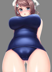 Rule 34 | 1girl, absurdres, alternate costume, bandana, blue one-piece swimsuit, braid, breasts, brown hair, chougei (kancolle), covered navel, from below, gluteal fold, grey eyes, hair ornament, hair rings, hairclip, headgear, highres, kantai collection, large breasts, long hair, looking at viewer, looking down, one-piece swimsuit, ruin re birth, school swimsuit, solo, swimsuit, twin braids