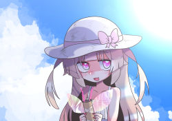 Rule 34 | 1girl, :d, blonde hair, blunt bangs, blush, bug, butterfly, crafting, doden 3-shiki, fang, frilled shirt, frills, hat, hat ribbon, highres, holding, insect, long hair, looking to the side, natori sana, open mouth, outdoors, pink eyes, ribbon, sana channel, shirt, skin fang, smile, solo, summer, sun hat, tank top, tape, toilet paper tube, two side up, virtual youtuber