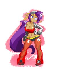 Rule 34 | 1girl, :o, alternate costume, alternate hairstyle, blue eyes, breasts, dark-skinned female, dark skin, earrings, hand on own hip, hat, highres, jacket, jewelry, large breasts, long hair, minuspal, navel, pink background, pointy ears, ponytail, purple hair, shantae, shantae (series), shoes, shorts, sneakers, source request, transparent pants, white background